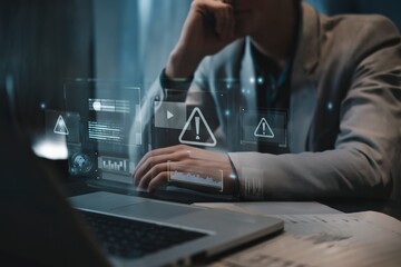 Businessman Using Laptop, Virtual Chart Displaying Red Warning Sign, Analysis Error, Caution in Investing Economic Situation, Business Investment Risks, Cybersecurity Monitoring. Copy space Background