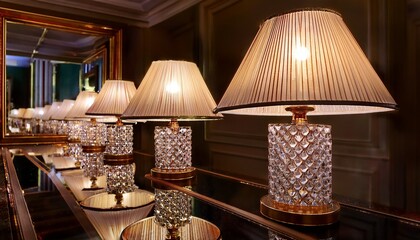 Crystal table lamps: Elegant table lamps with crystal bases and silk shades, placed on a mirrored console table