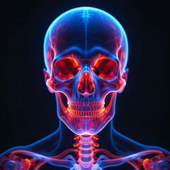 Glowing Human Skull and Skeleton with Red and Blue Anatomical Details