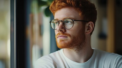 Fototapeta premium Thoughtful Man Gazes Out Window Introspectively