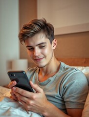 Young man lying on bed using smartphone in warm evening light. Generative AI