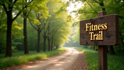 Fitness Trail wooden sign beside a winding dirt path in a lush green park with dappled sunlight