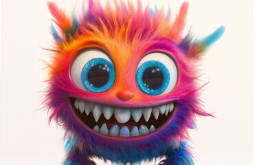 Obraz premium An illustration of a cute, smiling creature with large eyes and sharp teeth, in neon colors on a white background, in a cartoon style