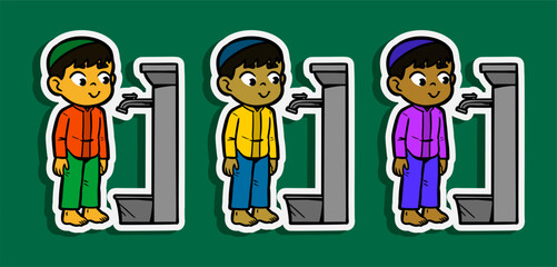 Muslim Boy doing Ablution Cartoon Sticker Illustration