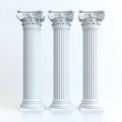 Elegant architectural view of three classic white columns standing tall and majestic against a clear blue sky