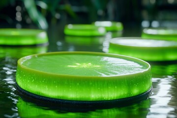 A futuristic artificial pond with floating bio-luminescent plants in a high-tech garden