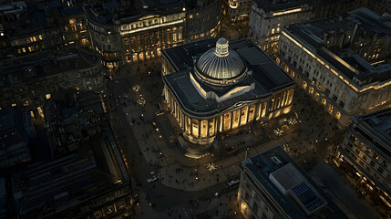 Illuminated city center building at dusk, aerial view, bustling streets, urban landscape, perfect for travel brochures
