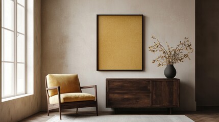 Modern wall art display in minimalist living room stylish interior cozy environment captured from eye level