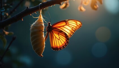 Chrysalis hanging from branch, vibrant butterfly emerges into light. Metamorphosis, transformation concept. Orange, yellow insect wings detail. Springtime nature rebirth, evolution, new beginnings