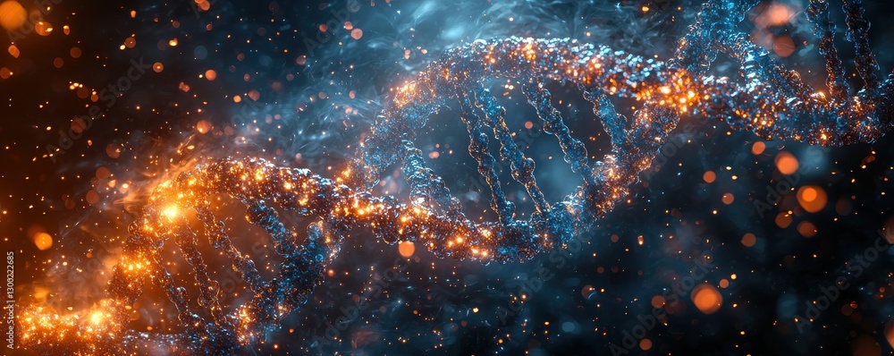 Poster abstract depiction of glowing dna chains in a dynamic colorful background