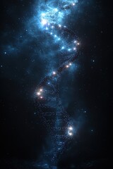 Abstract glowing DNA strand in space with shimmering cosmic background