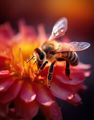 A close-up of a honeybee collecting nectar from a flower, highlighting its pollen-covered leg. The fine details of the bee&rsquo;s wings, body hairs, and delicate petals