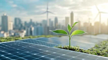 Fototapeta premium A small plant grows on solar panels in a futuristic city, symbolizing renewable energy and environmental sustainability. Concept Futuristic Cityscape, Renewable Energy, Solar Panels