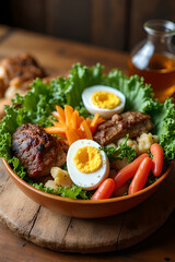 Fototapeta premium Healthy food consisting of vegetables, meat and eggs, for those on a diet to lose weight.