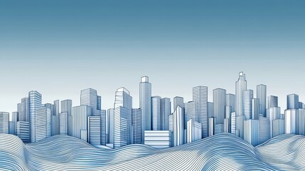Obraz premium City Skyline Illustration Featuring Modern Architecture and Wavy Ground Design Under Clear Blue Sky