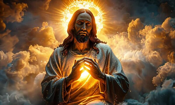 Resplendent figure surrounded by clouds emits a warm glow in a celestial setting