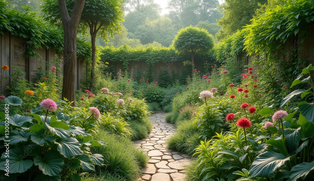 Aufkleber a path through a garden with a tree in the background. the path is lined with flowers and bushes