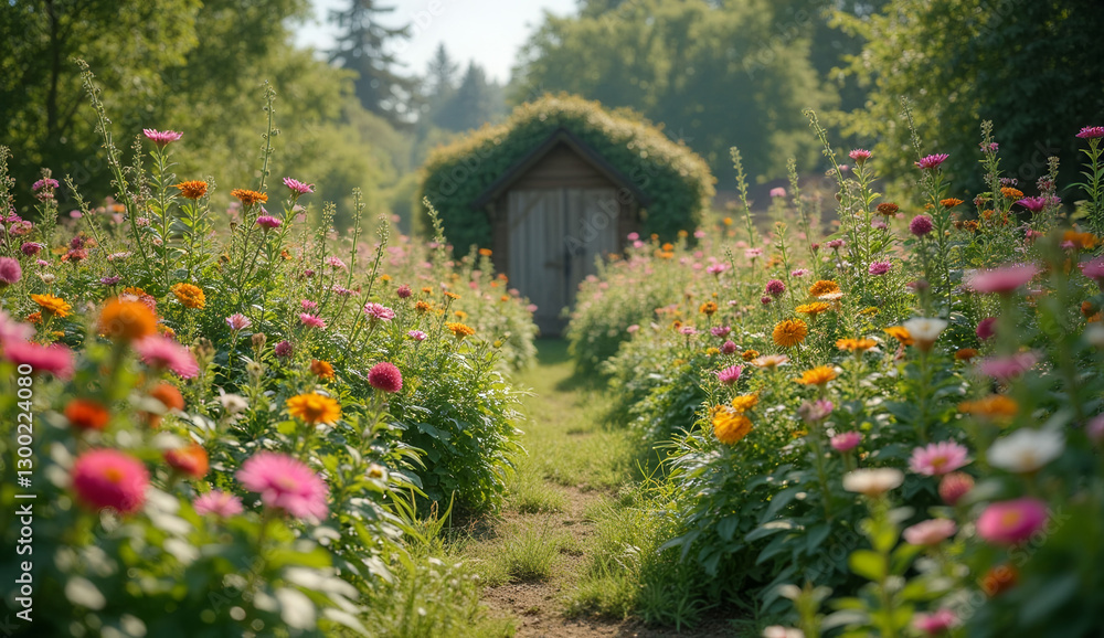 Aufkleber a path through a garden with a tree in the background. the path is lined with flowers and bushes