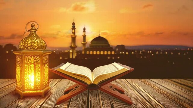 An open Koran on a wooden table and gold lantern, with a mosque building and sunset in the background