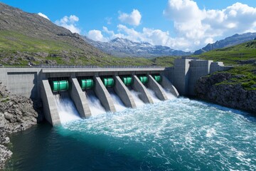 A futuristic dam design, featuring advanced technology and green energy integration