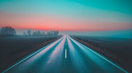 Naklejka premium Misty sunrise road, vanishing point, open highway, scenic landscape, travel poster