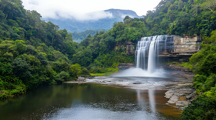 Fototapeta premium Lush Waterfall Cascading Into Calm Pool Surrounded By Verdant Trees and Foliage Under Misty Mountain