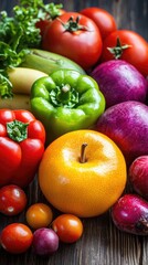 Fototapeta premium Colorful fruits and vegetables on wooden table; healthy eating concept; stock photo