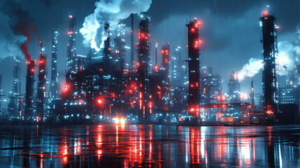 A massive refinery with a complex network of glowing pipes and smokestacks