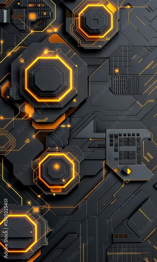 Poster visual exploration of abstract geometric patterns with glowing elements in a dark setting