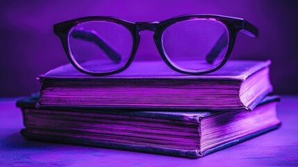 Glasses on old books, purple light, knowledge, education, study