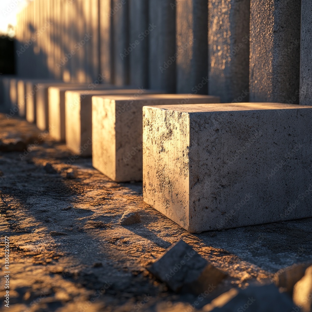Poster a row of hollow blocks neatly arranged at a building site, ready for use.