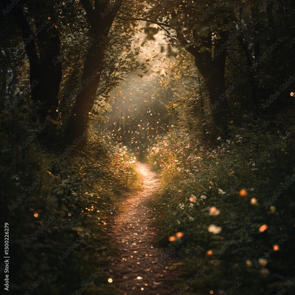 Poster a path in the forest with flowers and trees illuminated by golden light. a magical, dreamy atmospher
