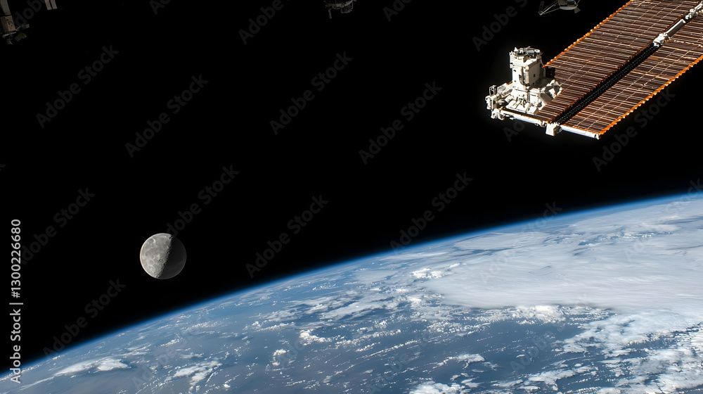 Aufkleber earth view with the moon and a satellite structure in space with black background