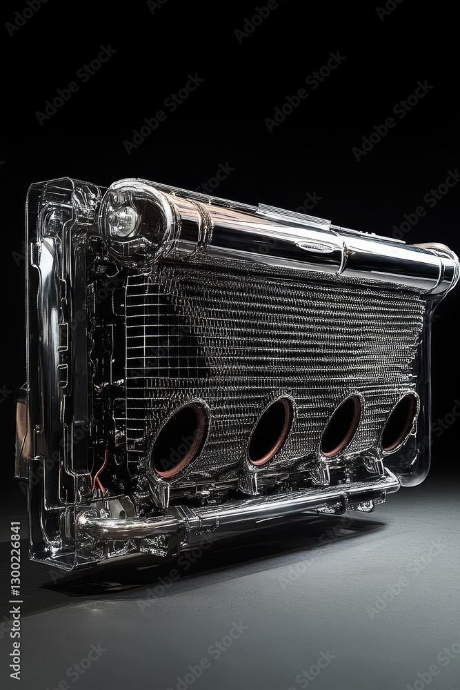 Poster shiny chromed engine component showcasing intricate mechanics and design details.