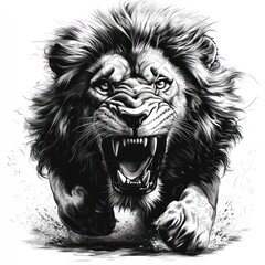 Obraz premium Roaring lion charging, monochrome, wild, graphic, apparel design