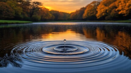 Water Drop Splash Ripples on Calm Pond Sunset