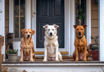Obraz na płótnie Canvas Three Dogs Sitting on a Porch Steps