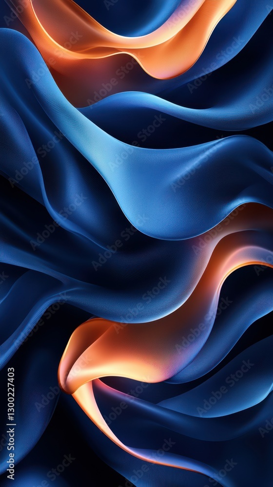 Poster flowing waves of blue and orange fabric create an abstract visual effect in a soft, textured arrange