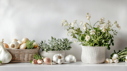 Fototapeta premium A meticulously composed market scene with freshly picked herbs, garlic