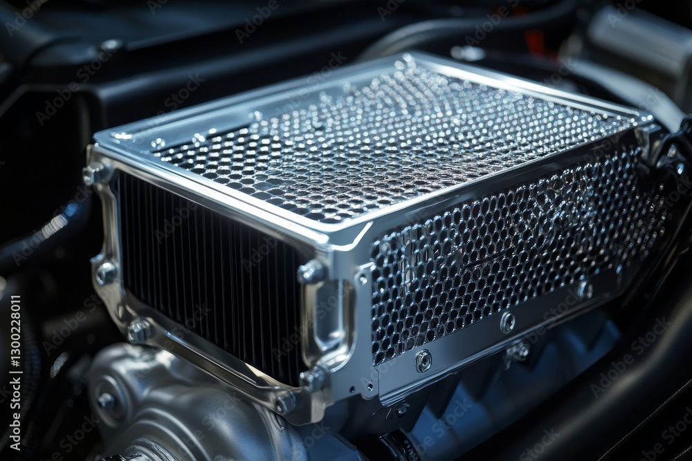 Poster chrome vehicle engine detail showing intricate cooling system and mechanics.