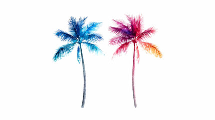 Obraz premium Colorful Watercolor Pixel Art Illustration Of Two Tropical Palm Trees Against White Background