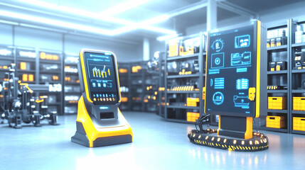 Futuristic Warehouse with Autonomous Robots and Digital Displays