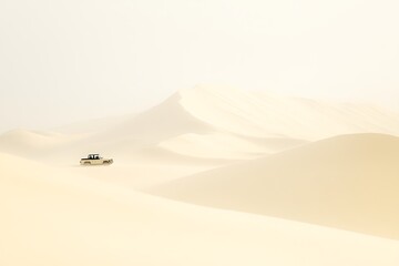 A solitary off-road vehicle traverses rolling sand dunes under a hazy, ethereal sky, evoking a sense of remote adventure