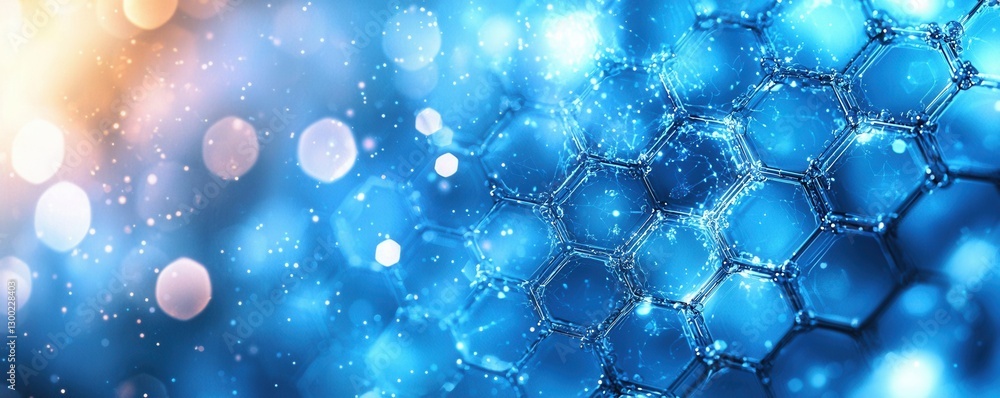 Poster abstract blue background with hexagonal structure and glowing bokeh effects