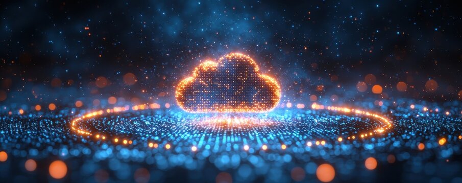 Glowing digital cloud surrounded by virtual particles in blue tone background