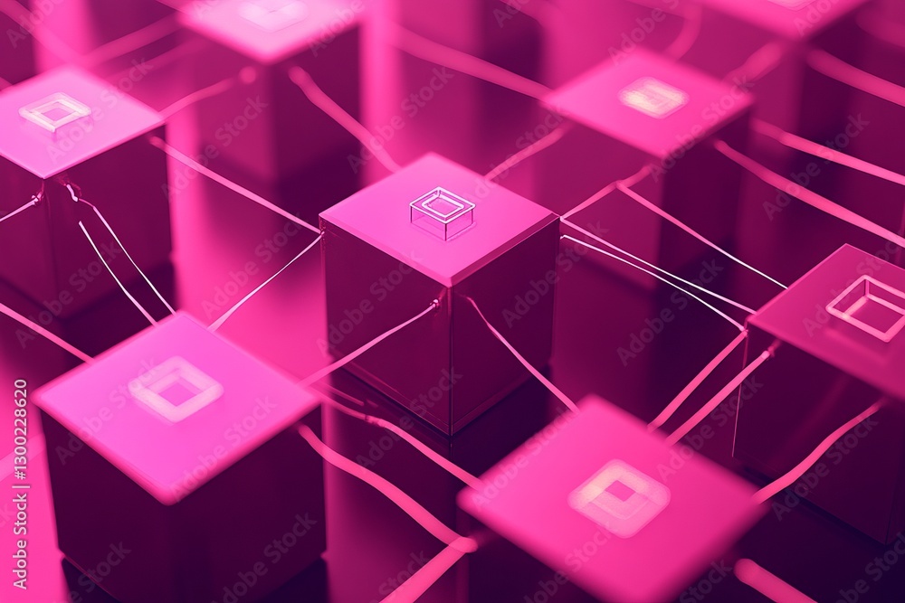 Poster a pink cube with a white square on it. network with blocks and connections on a dark background, a t
