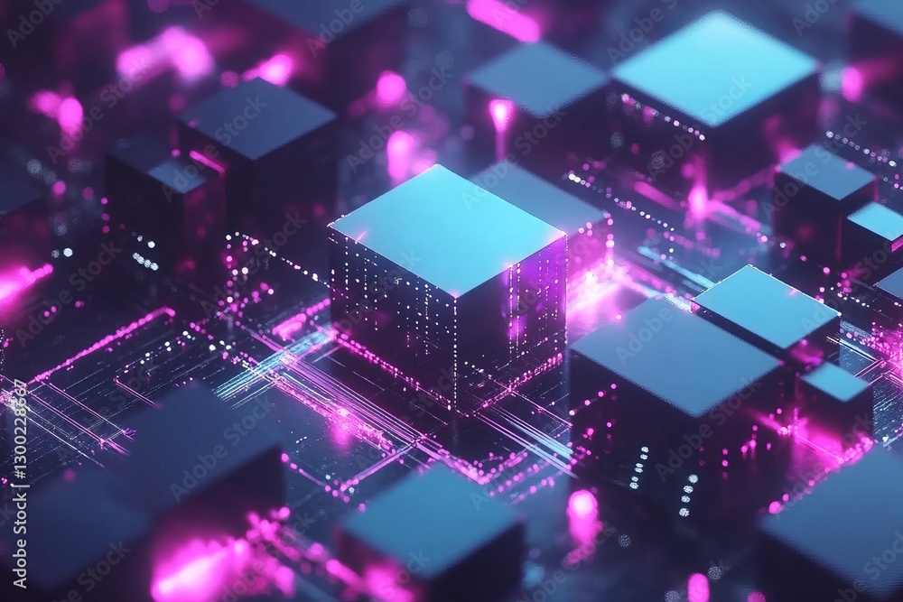 Aufkleber a computer chip with a purple background. network with blocks and connections on a dark background, 