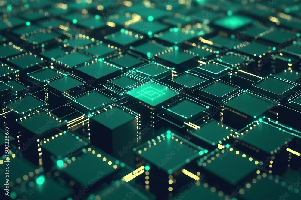 Poster a green and yellow computer chip. network with blocks and connections on a dark background, a techno