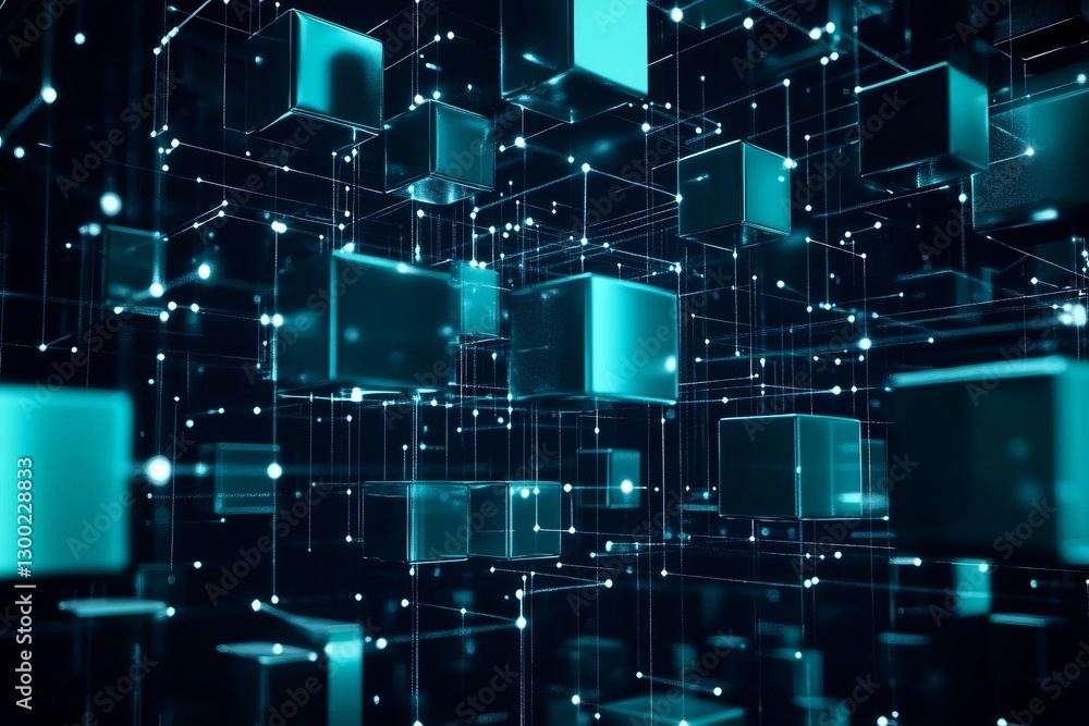 Poster a blue cube with a white dot in the middle. network with blocks and connections on a dark background