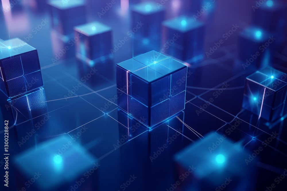 Poster a blue cube with a light on it is surrounded by other blue cubes. network with blocks and connection